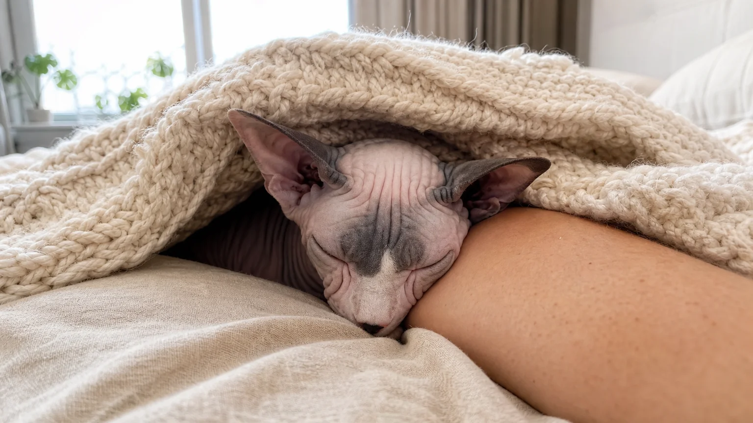 A hairless Sphynx cat peeking out from under a knitted cream blanket, pressing its warm head against a person's arm.