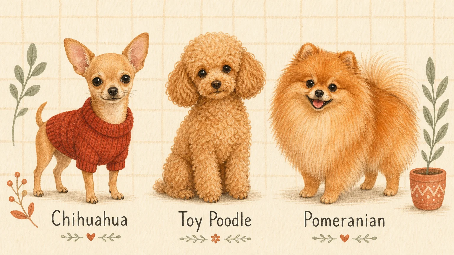 A hand-painted illustration lineup of a Chihuahua, a Toy Poodle, and a Pomeranian side-by-side with labels.