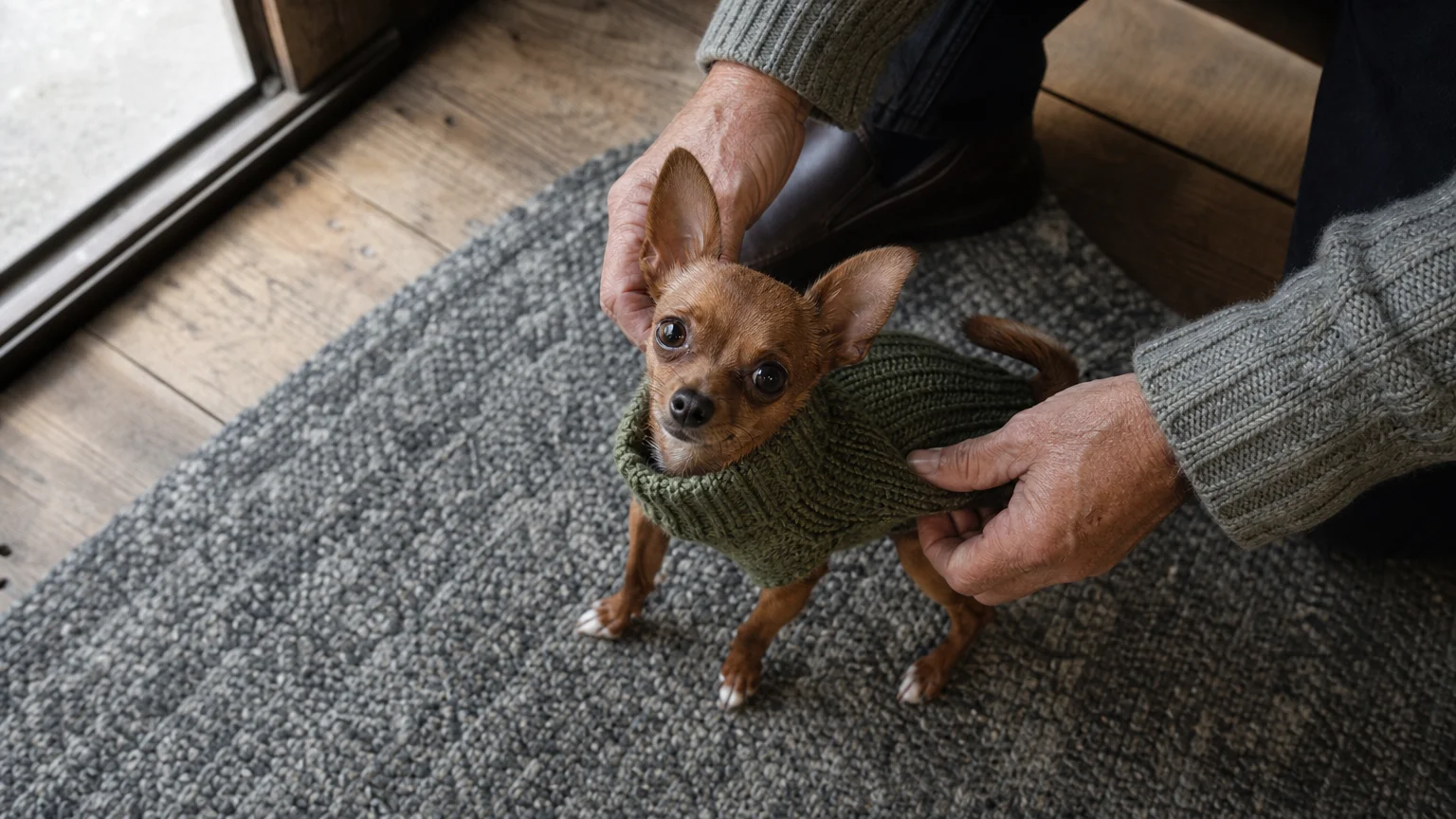A high-angle photograph of hands putting a tiny green knit sweater on a small brown Chihuahua.