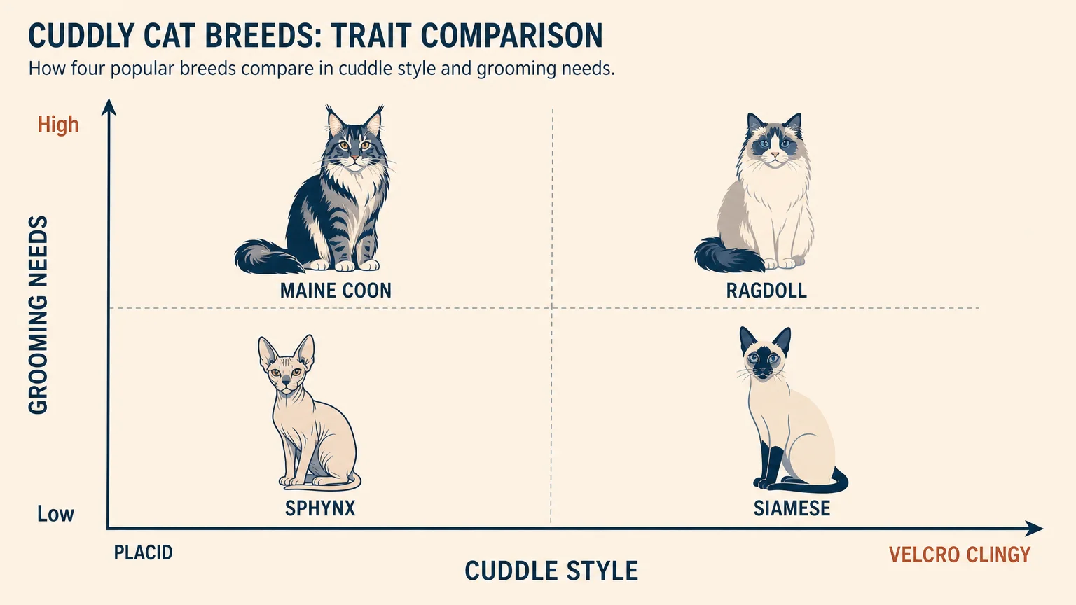 A horizontal comparison chart plotting different cuddly cat breeds by their cuddle style and grooming needs.