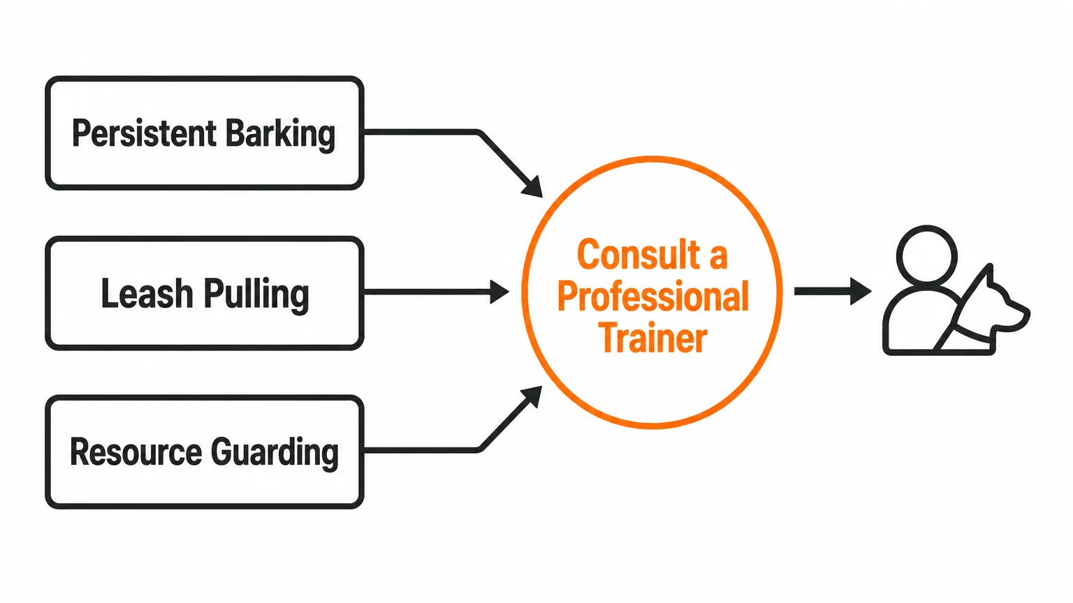 A horizontal flowchart showing when common behavioral issues should lead to hiring a professional trainer.