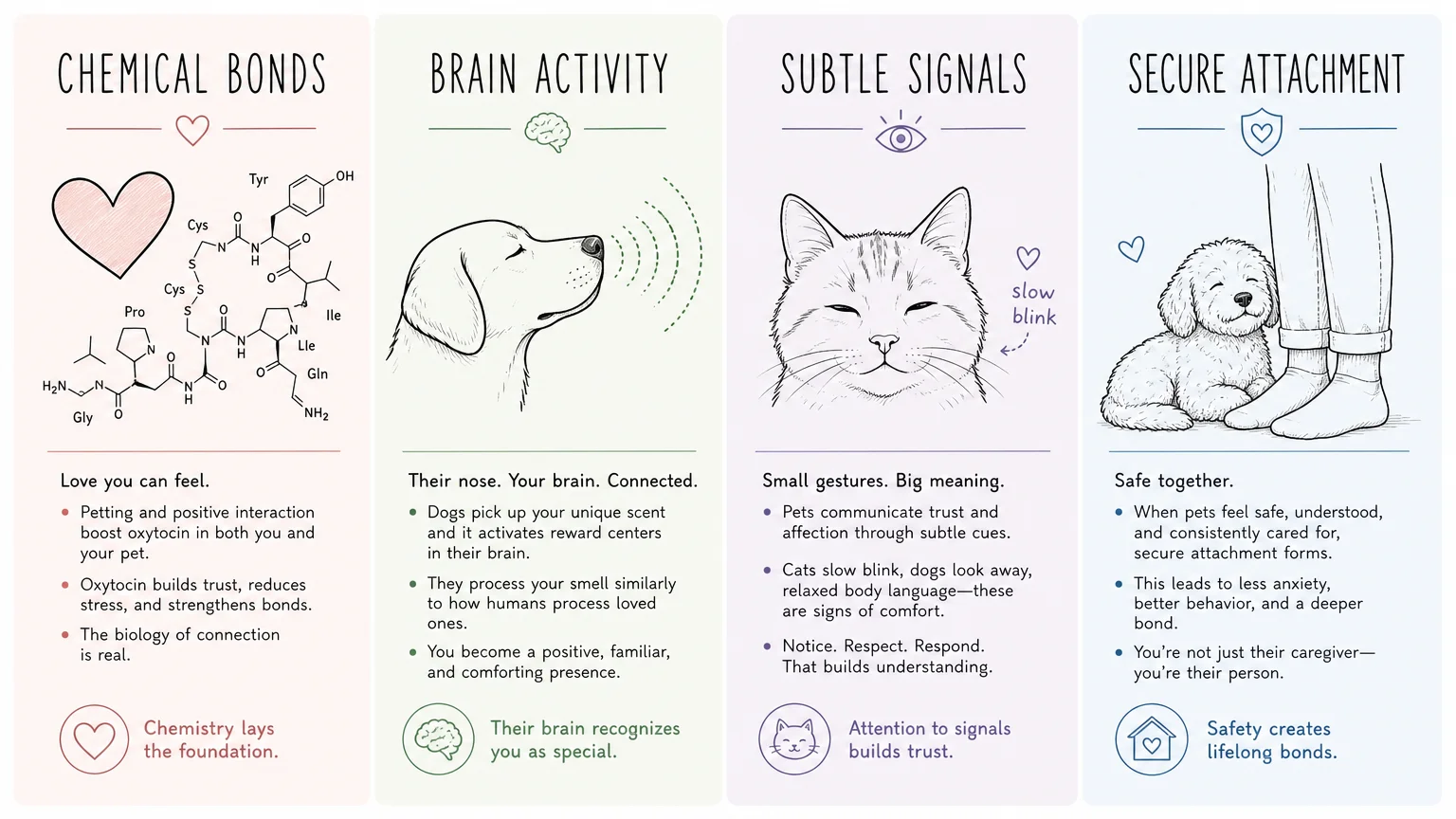 A horizontal, four-column infographic summarizing chemical bonds, brain activity, subtle signals, and secure attachment.