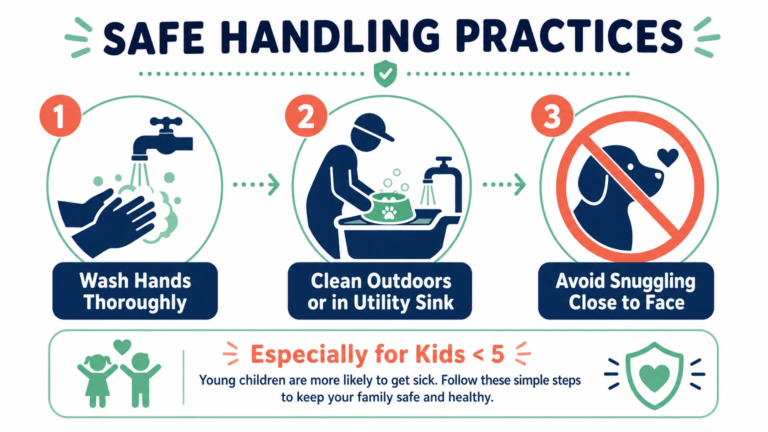A horizontal infographic showing three steps: wash hands, clean outdoors, and avoid kissing pets.