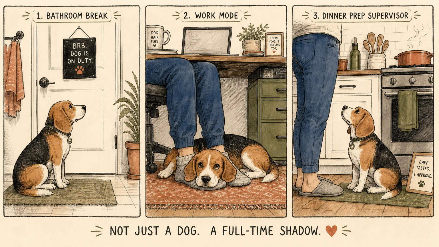 A horizontal three-panel watercolor illustration showing a loyal Beagle following its owner's feet around a house.