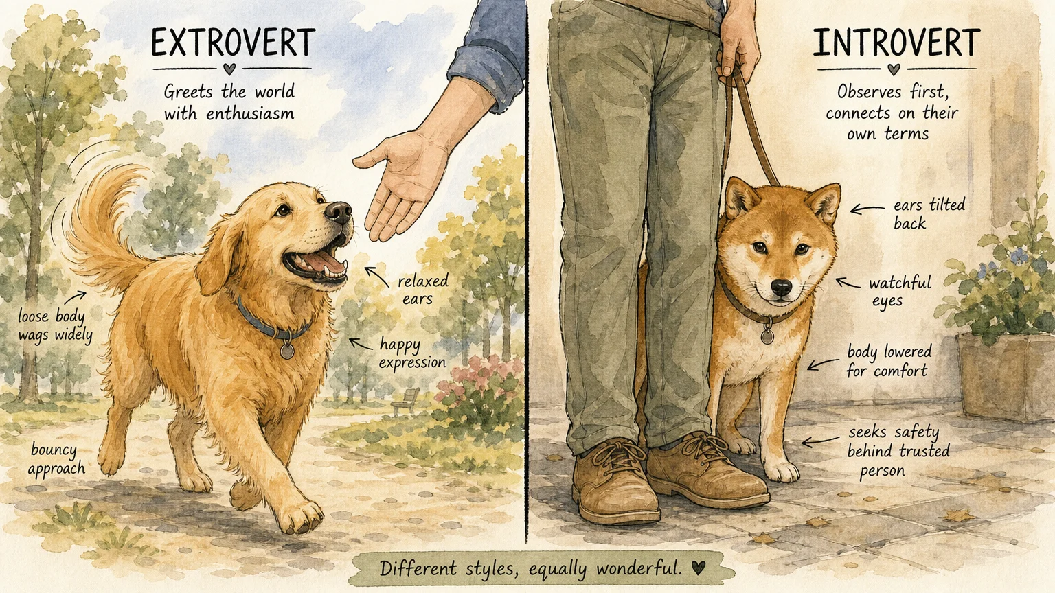 A horizontal two-panel watercolor illustration showing an eager, friendly dog greeting a hand versus a cautious dog hiding behind legs.