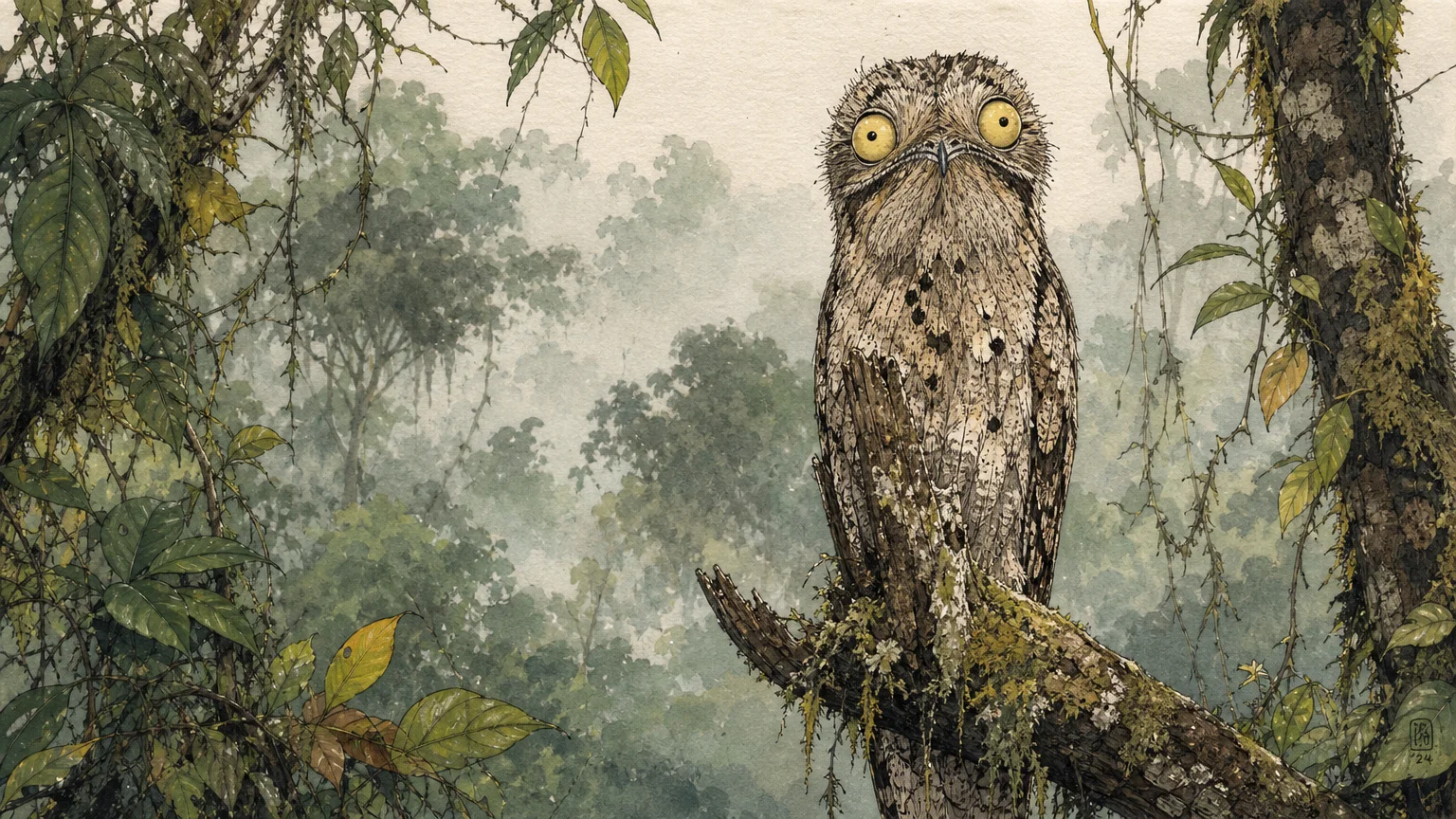A humorous gouache illustration of a great potoo bird camouflaged on a tree branch, with huge, surprised yellow eyes.
