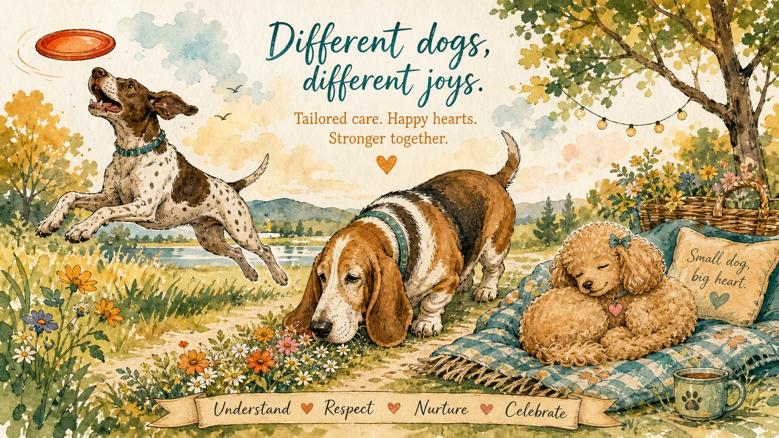 A joyful watercolor illustration showing diverse dogs happily engaging in different activities like playing fetch, sniffing flowers, and res