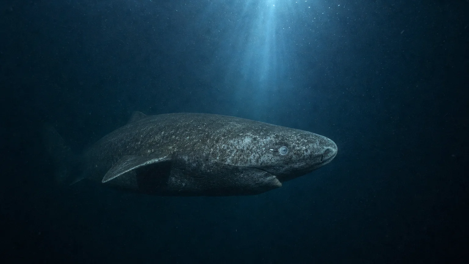 A large, ancient Greenland shark swimming slowly through dark, cold Arctic waters illuminated by a single shaft of light.
