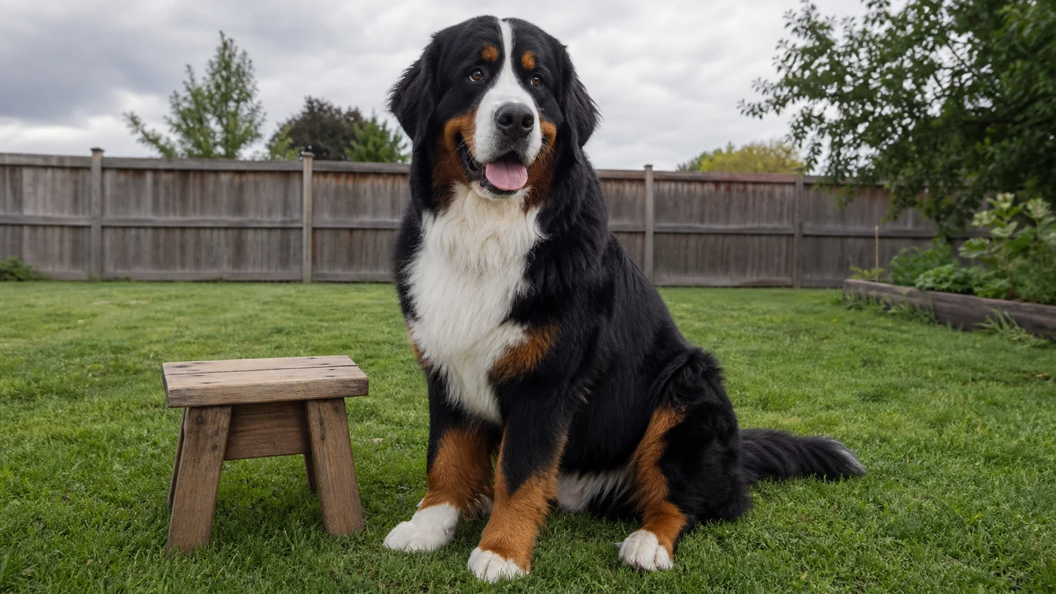 A large Bernese Mountain Dog sits calmly on a green lawn in a backyard.