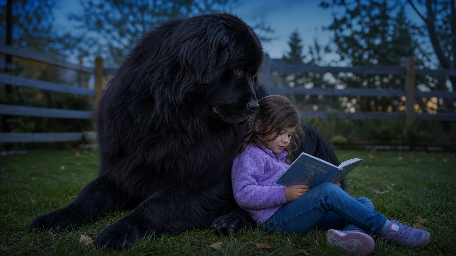 A large black Newfoundland dog sits calmly as a small child leans against its soft fur to read a book.