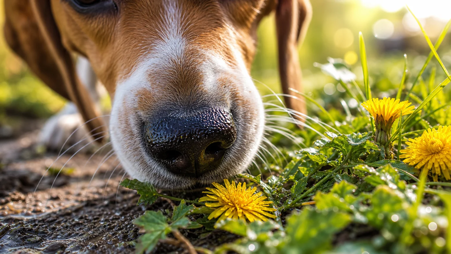 A low-angle macro photo of a Beagle's wet black nose closely sniffing yellow dandelions and green grass on a sunlit path.