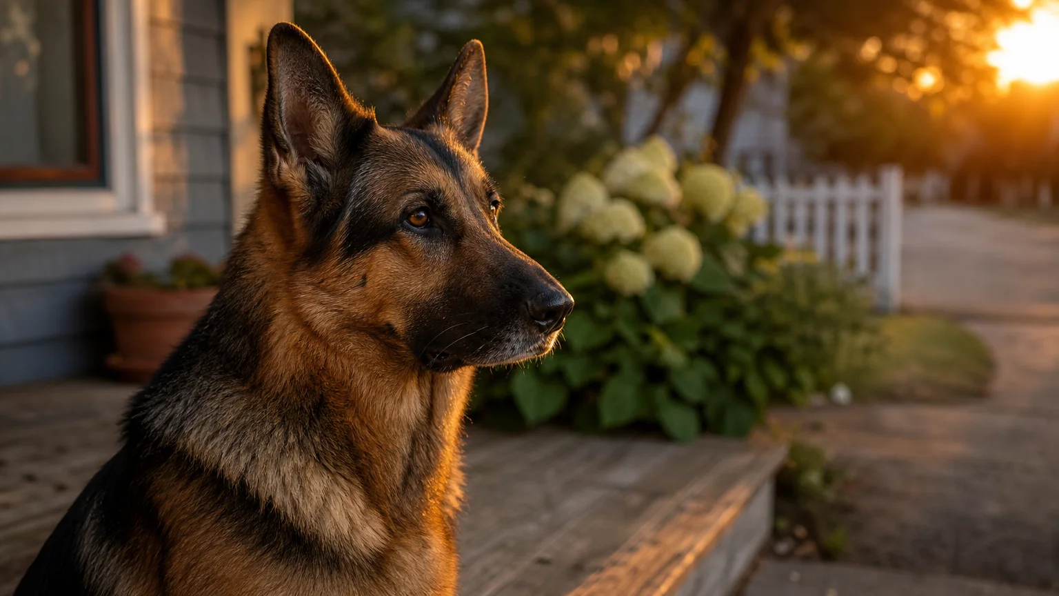 A loyal German Shepherd sits vigilantly on a home porch during sunset, representing home protection and companionship.