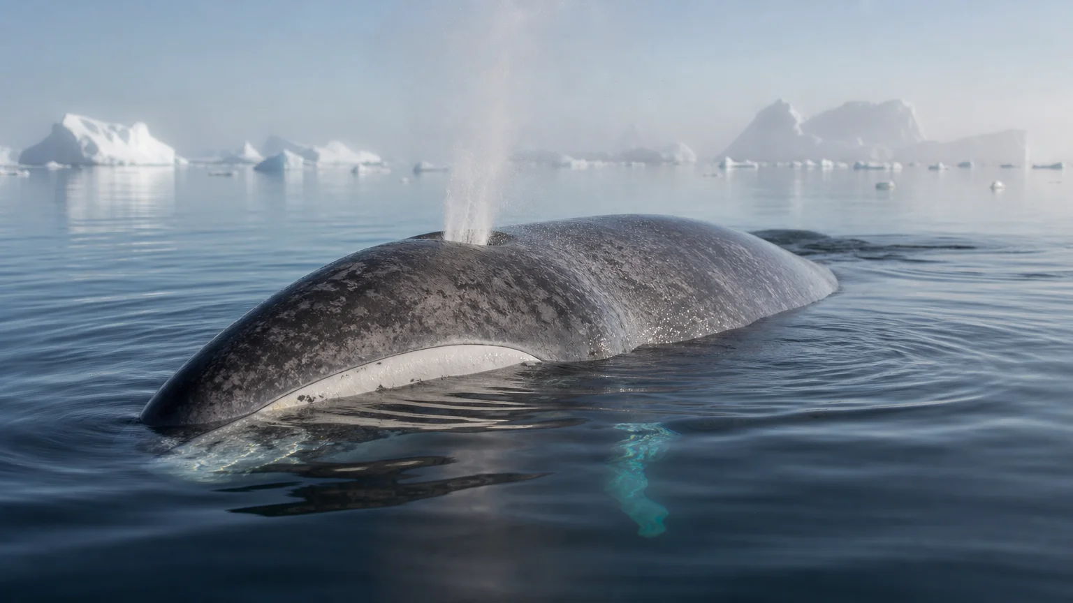 A massive bowhead whale swimming just beneath the surface of calm Arctic water near floating icebergs at sunrise.