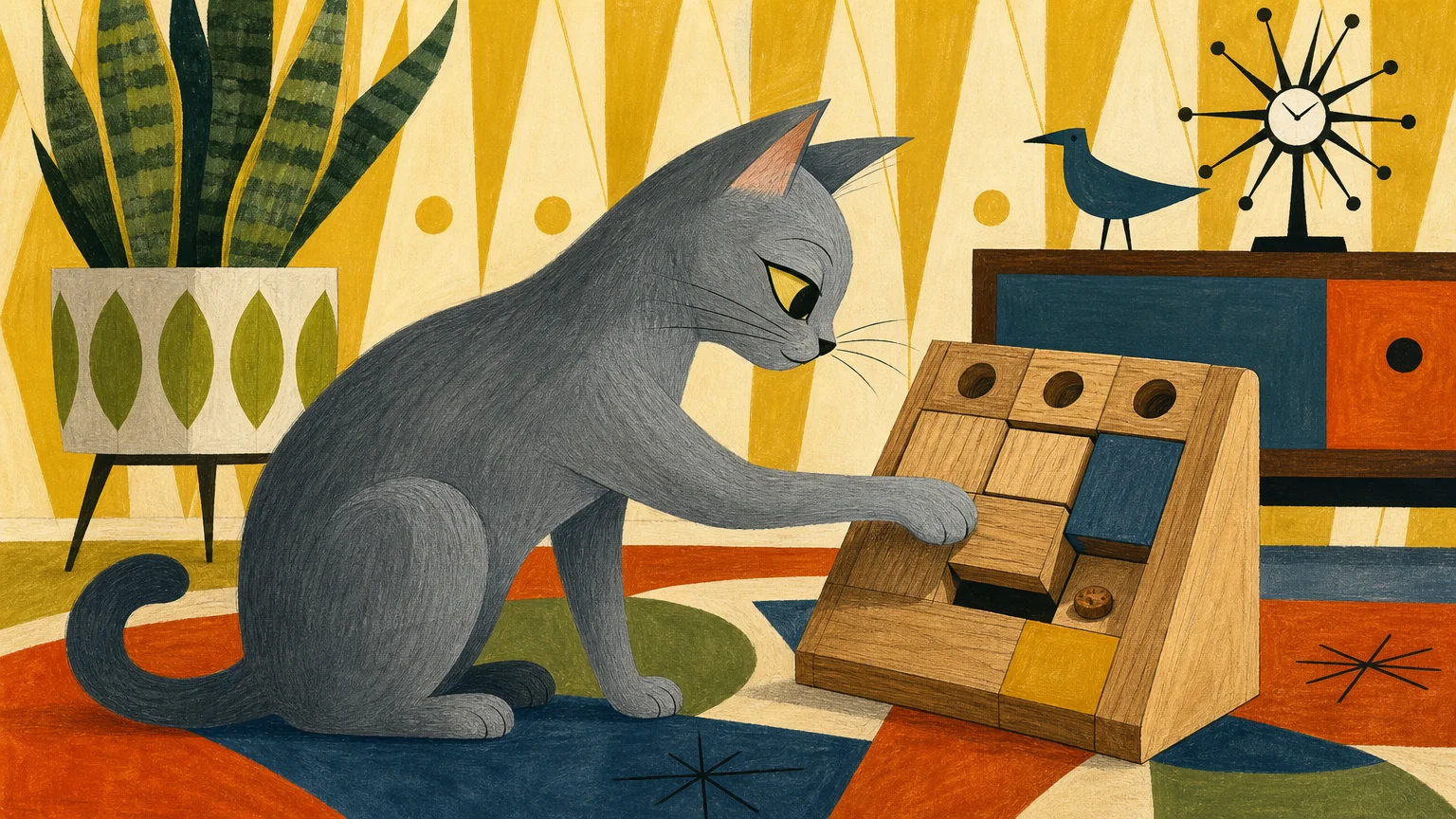 A mid-century style illustration of a cat skillfully solving a wooden puzzle toy to find a treat.