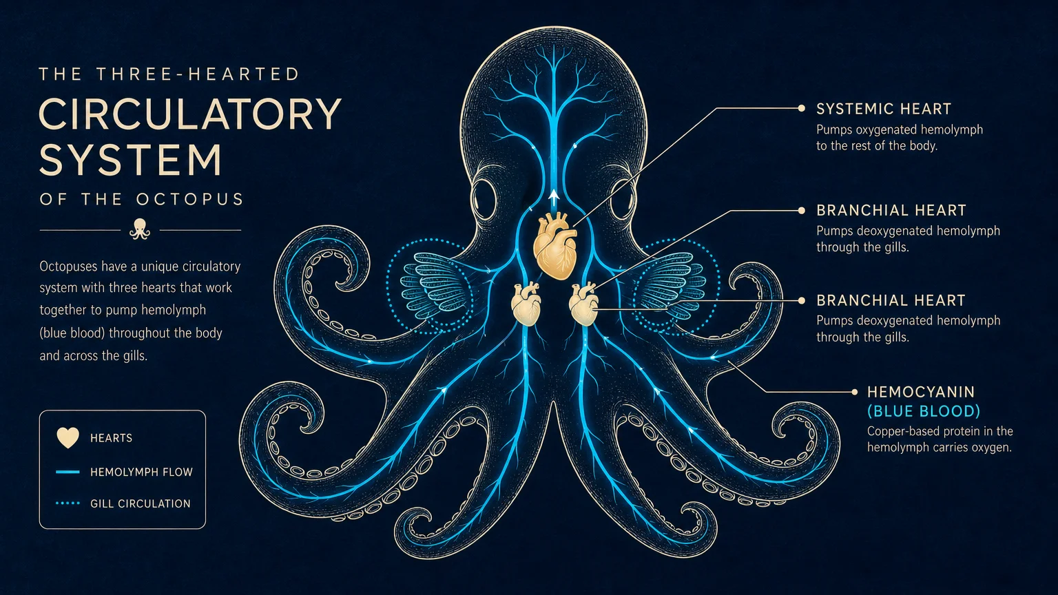 A minimalist anatomical blueprint showing an octopus with its three hearts and blue circulatory system highlighted in cyan.