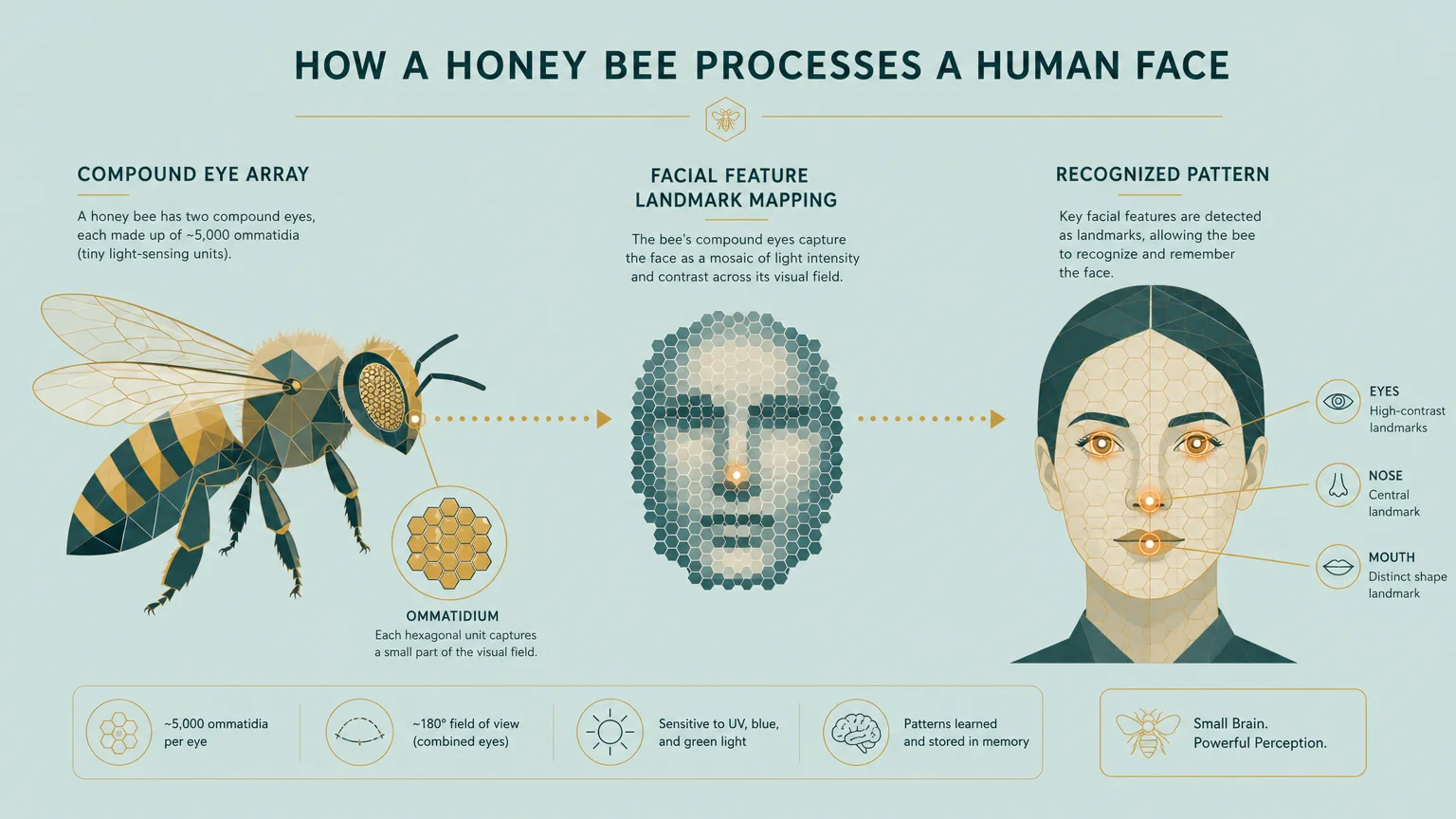 A minimalist diagram illustrating how a honey bee's compound eye maps a human face using a hexagonal grid.