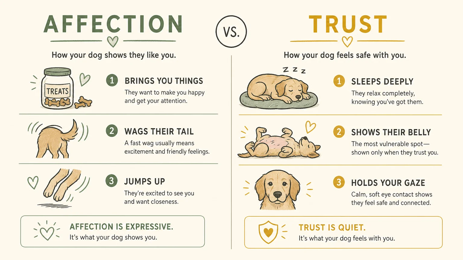 A minimalist hand-drawn diagram comparing signs of dog affection (seeking treats, excitement) with signs of dog trust (deep sleep, vulnerabi