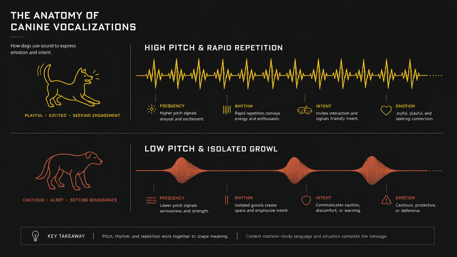 A minimalist visual diagram comparing the sound waves of high-pitched playful barking versus low-pitched warning growls.