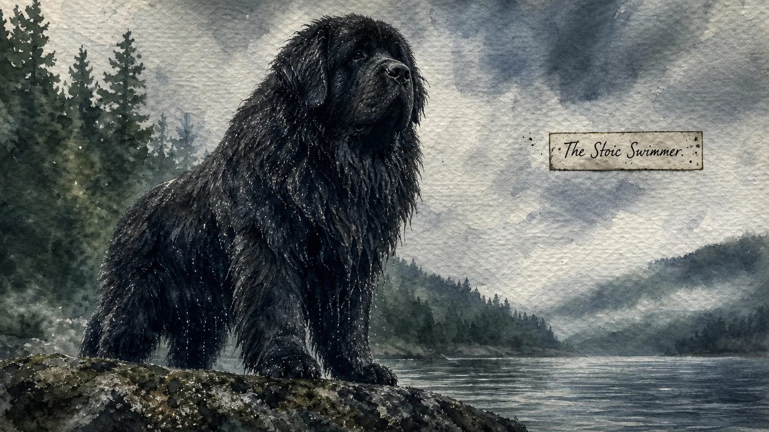 A moody watercolor of a large Newfoundland dog standing by a misty lake, illustrating its stoic and powerful presence.