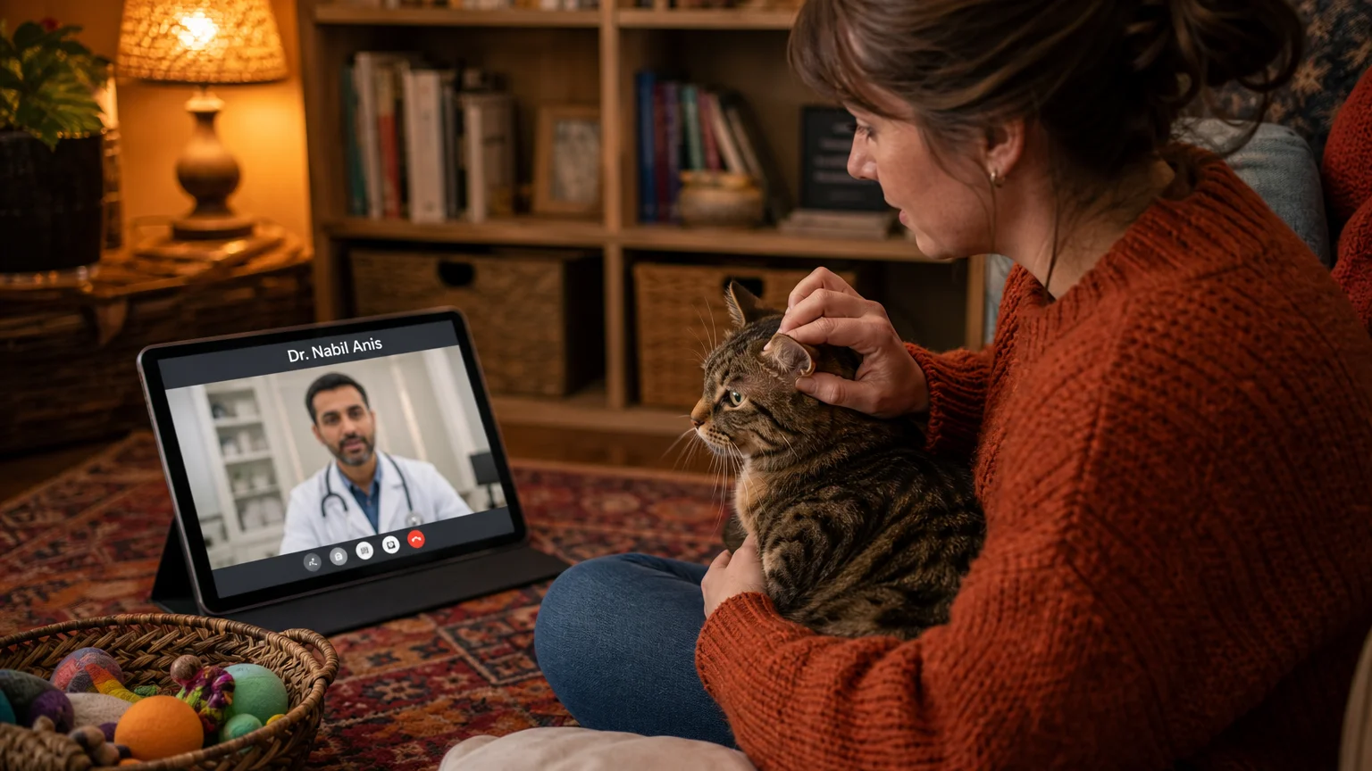 A person consults with a veterinarian via tablet while sitting at home with their cat.