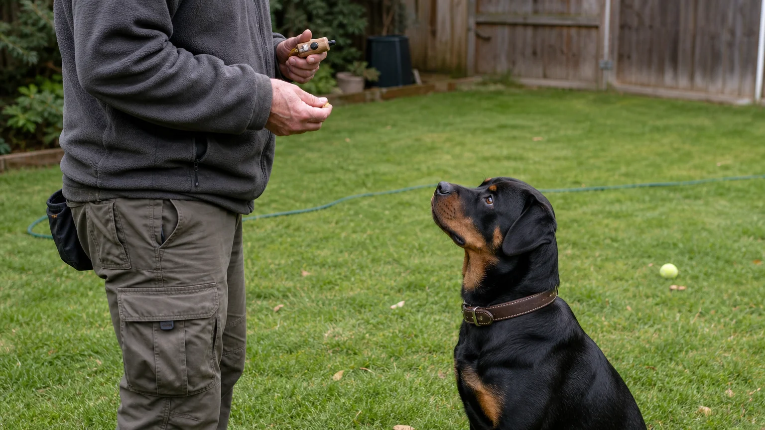 A person trains a young Rottweiler in a backyard, emphasizing the importance of professional guidance and socialization.
