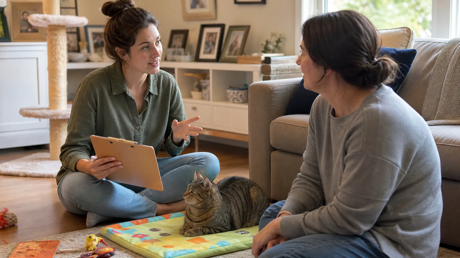 A pet behaviorist with a clipboard sitting on a living room floor consulting with an owner near a relaxed cat.
