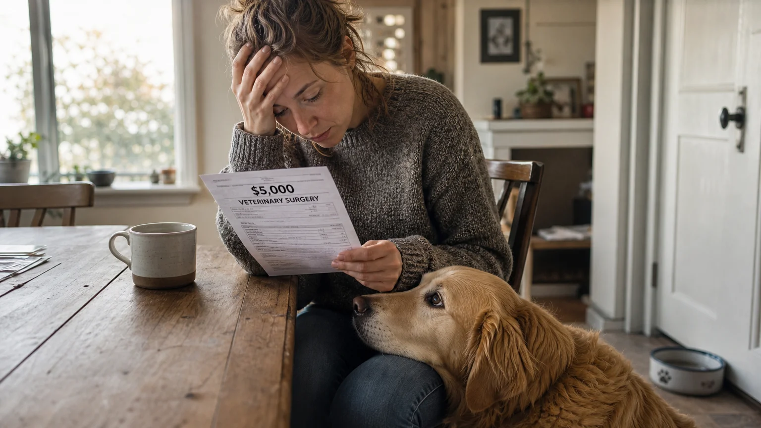A pet owner at a kitchen table looking at a veterinary bill next to their dog.