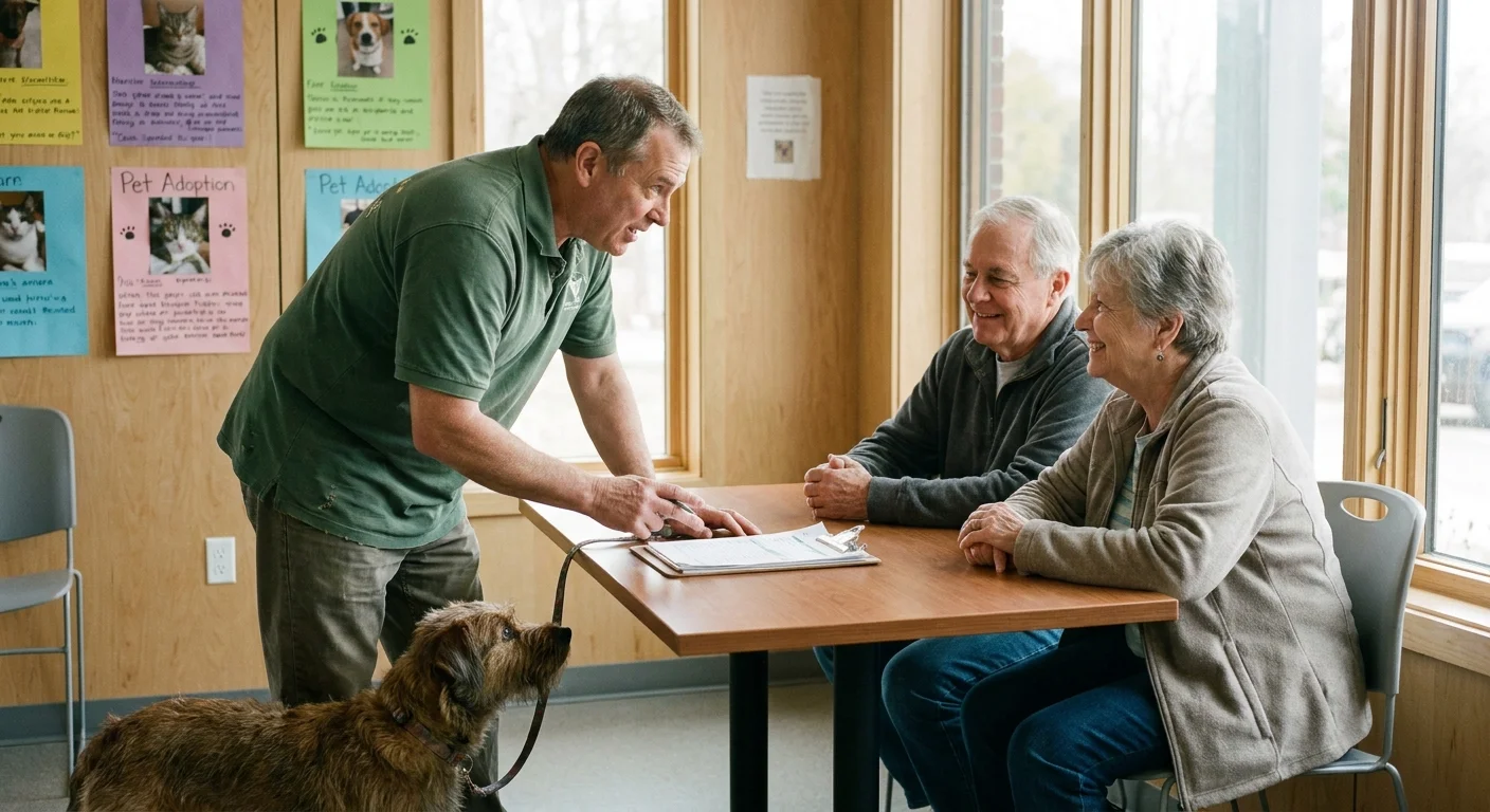 A retired couple consulting with an animal shelter volunteer about adoption options, with a small terrier mix dog sitting nearby.