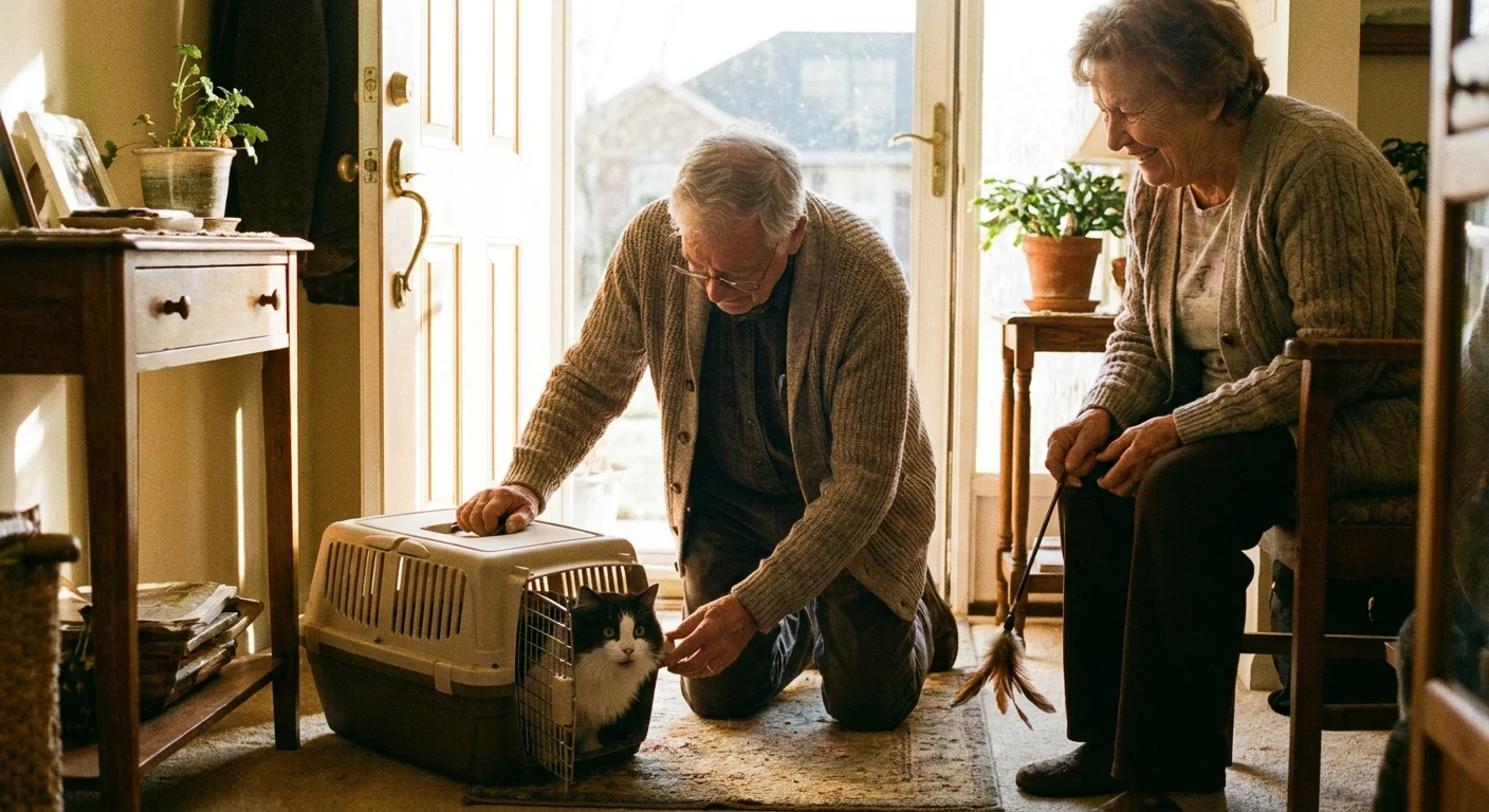 A retired couple welcoming a new black-and-white foster cat out of its carrier in their home entryway, shot on warm 35mm film.