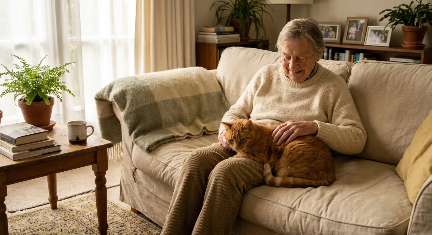 A retired man in a sunlit living room gently petting a calm ginger cat on his lap, creating a peaceful, cozy moment.