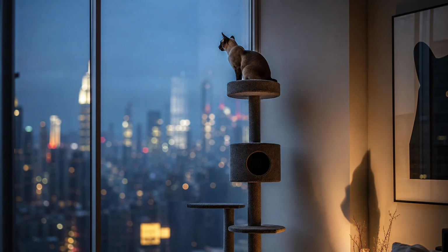A Siamese cat looks out a high-rise apartment window at dusk from the top of a modern cat tree.