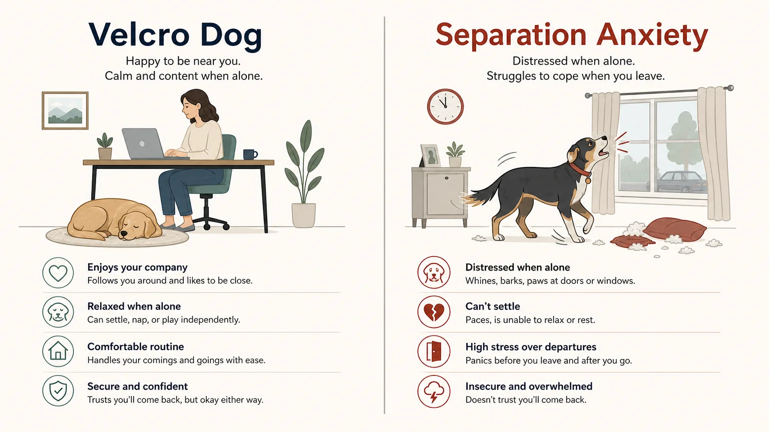 A side-by-side comparative diagram illustrating the visual behavioral differences between a Velcro dog and separation anxiety.