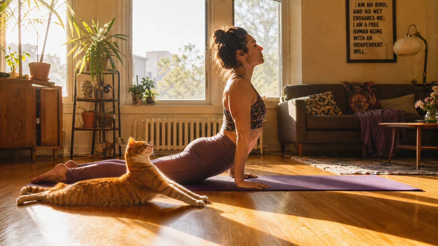 A side-profile photo of a woman doing a cobra yoga stretch on a mat while her ginger tabby cat mimics the exact same pose next to her.
