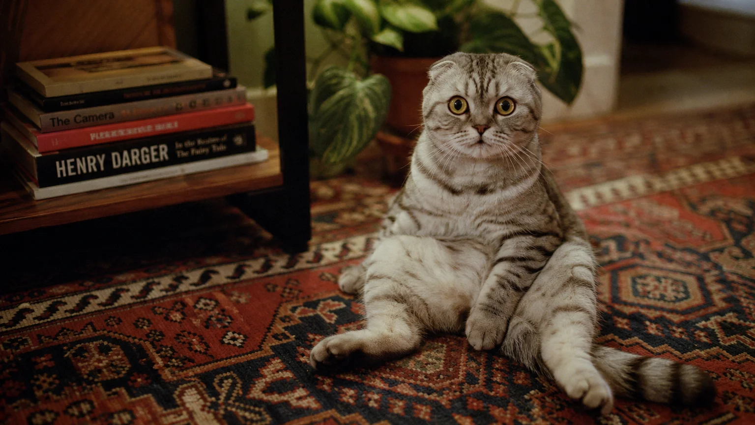 A silver tabby Scottish Fold cat sitting in a comical upright Buddha pose on a colorful rug, looking up with round eyes.