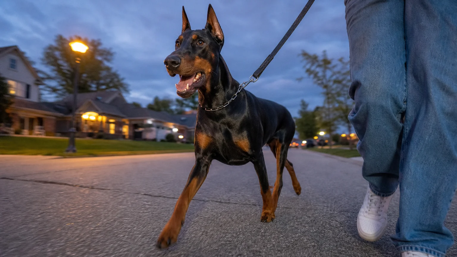 A sleek Doberman Pinscher walks alongside its owner in a suburban neighborhood at dusk, showing its athletic build.