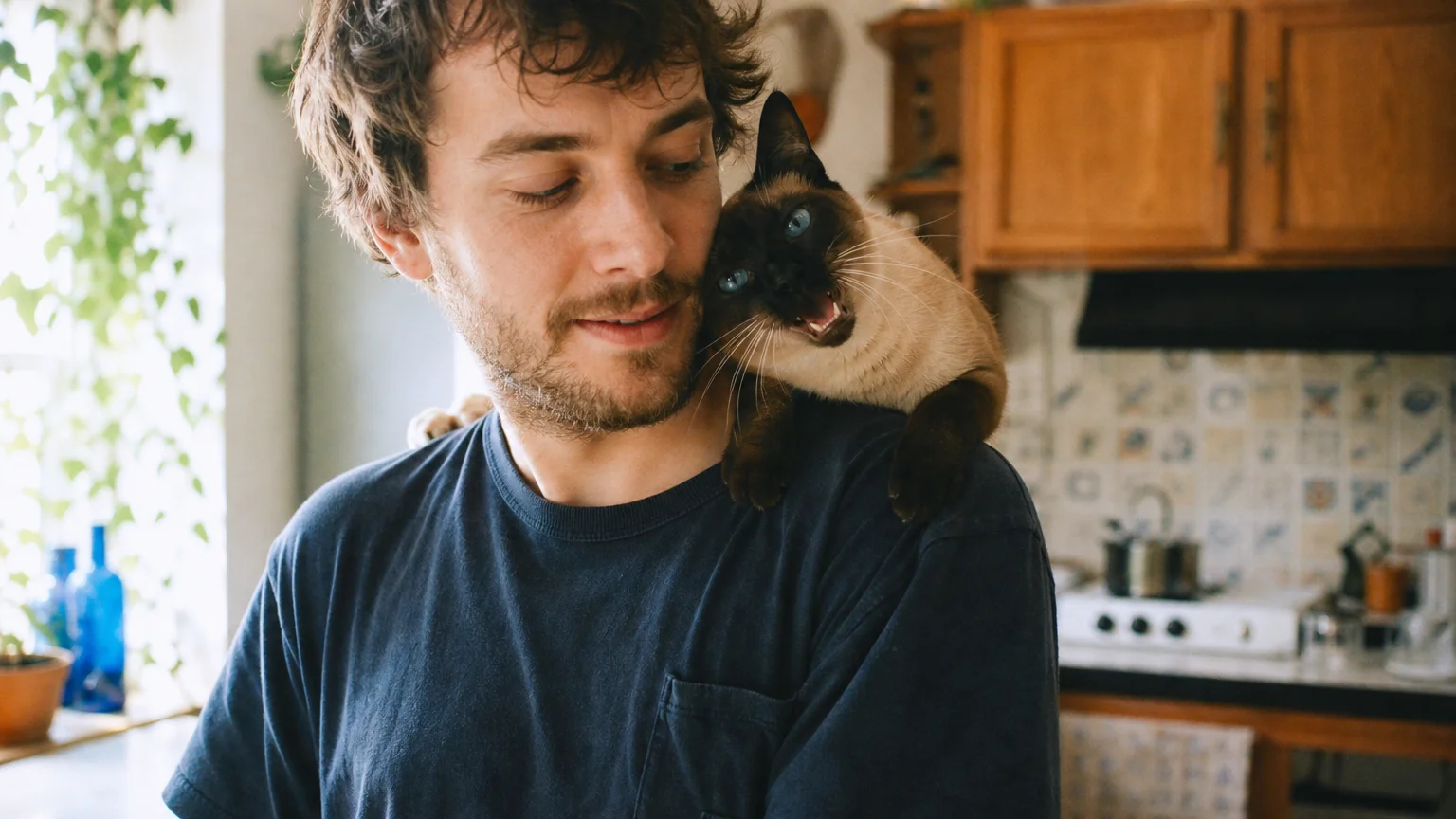 A sleek Siamese cat with blue eyes perched on a person's shoulder in a kitchen, leaning in close to their neck.