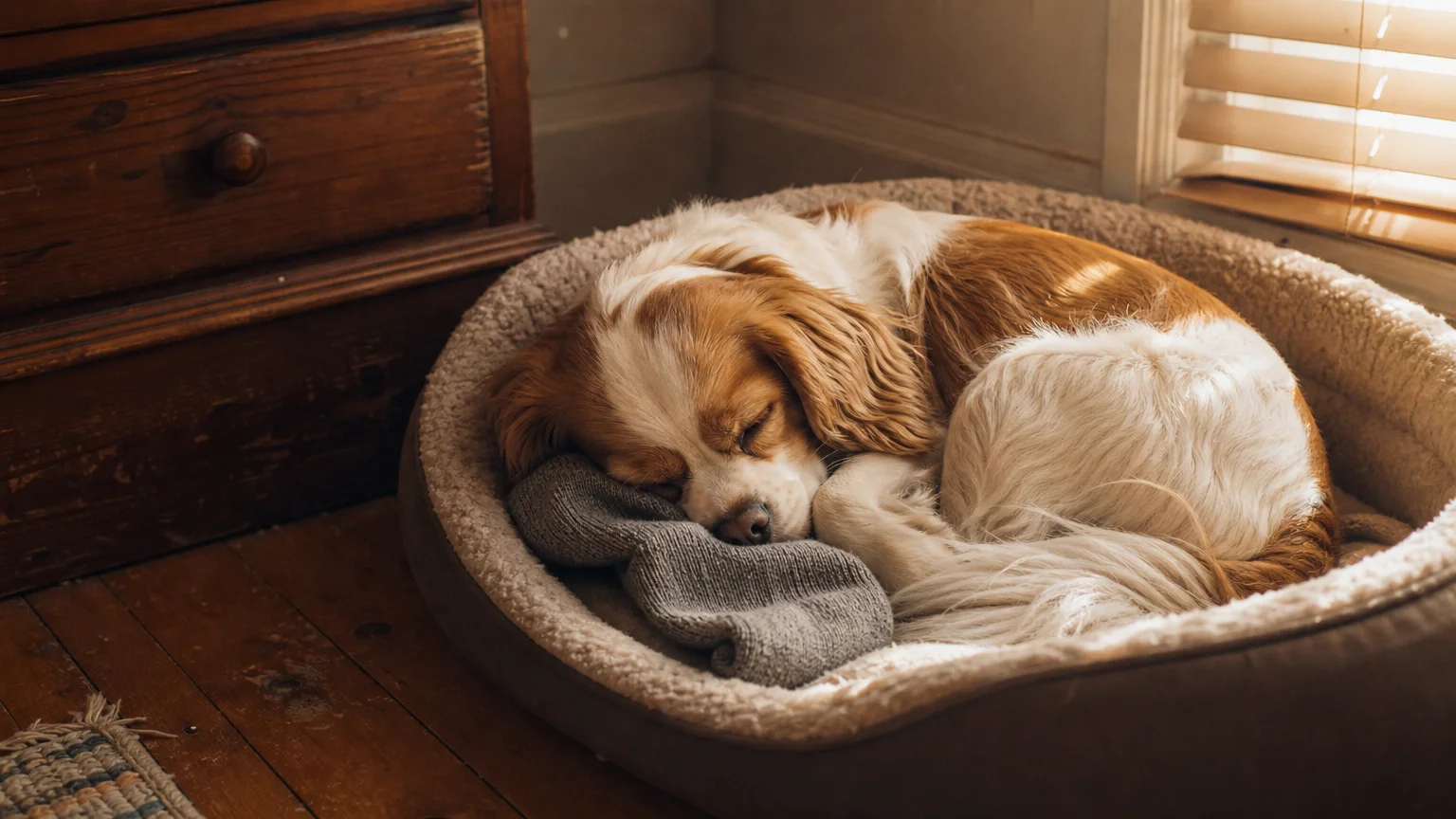 A small dog sleeping peacefully in its bed, curled up next to a worn human wool sock, shot on warm 35mm film.