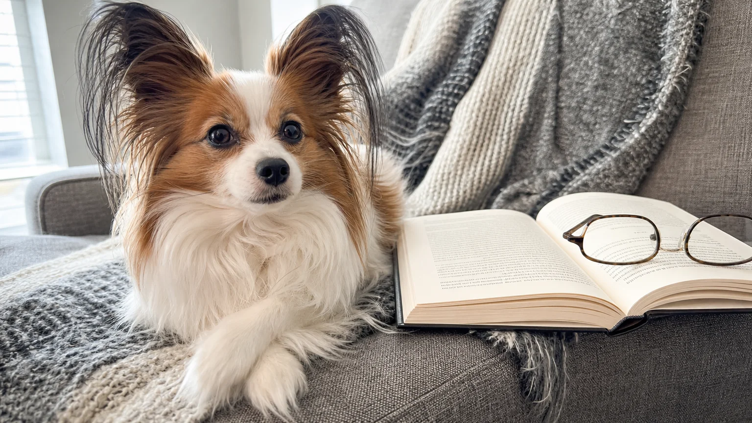 A small Papillon dog with large ears sits on a sofa next to a book and glasses.