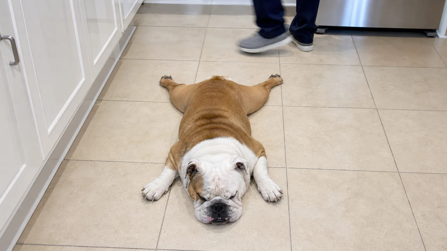 A smartphone photo of an English Bulldog lying flat on a kitchen floor, refusing to move while someone works nearby.