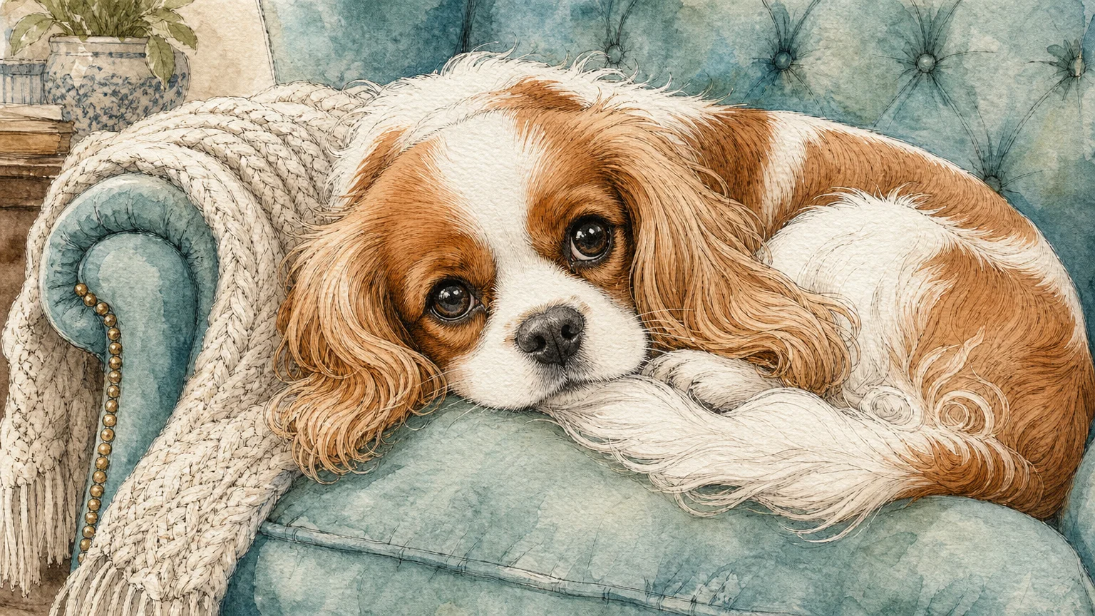 A soft watercolor sketch of a Cavalier King Charles Spaniel resting comfortably on a plush armchair.