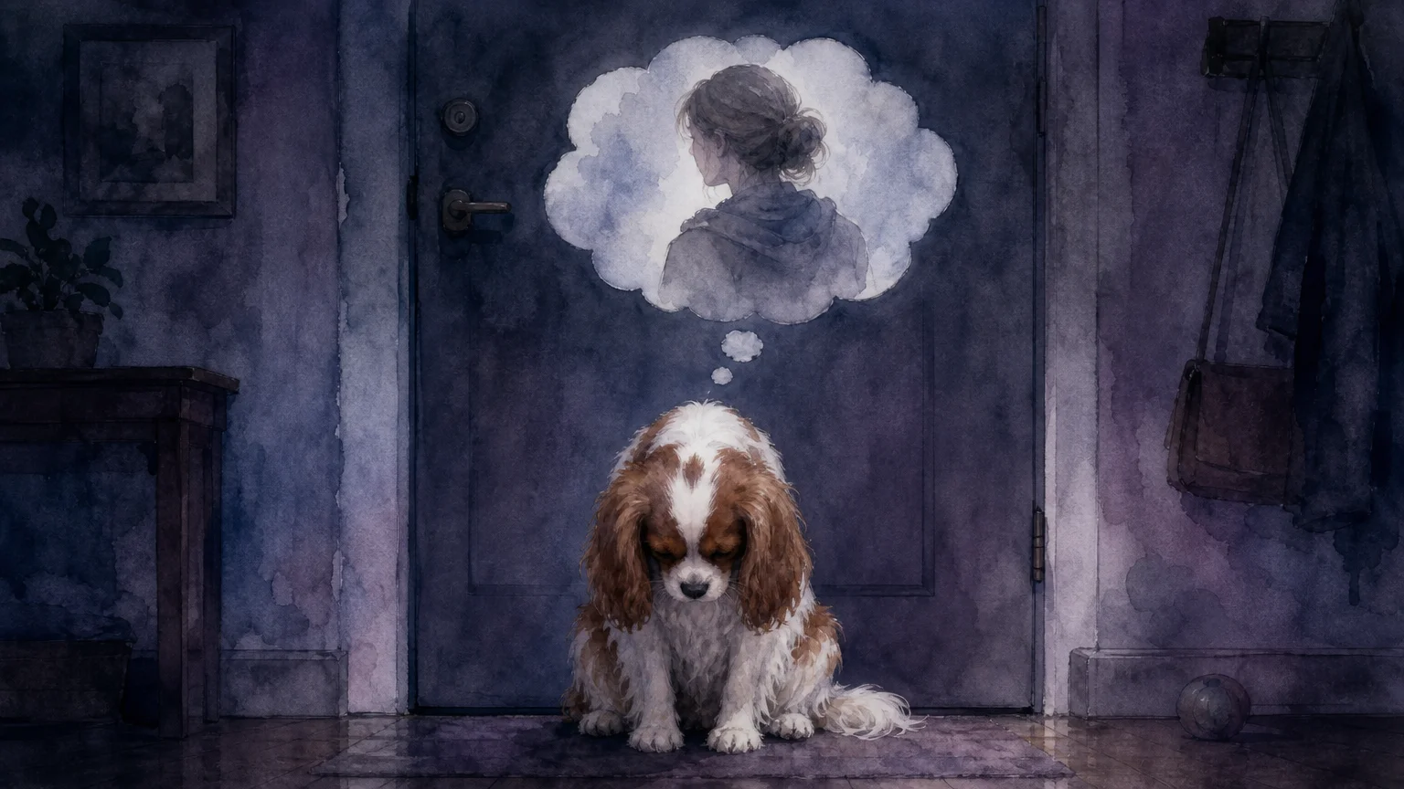 A somber watercolor illustration of a dog sitting alone by a door, representing separation anxiety.