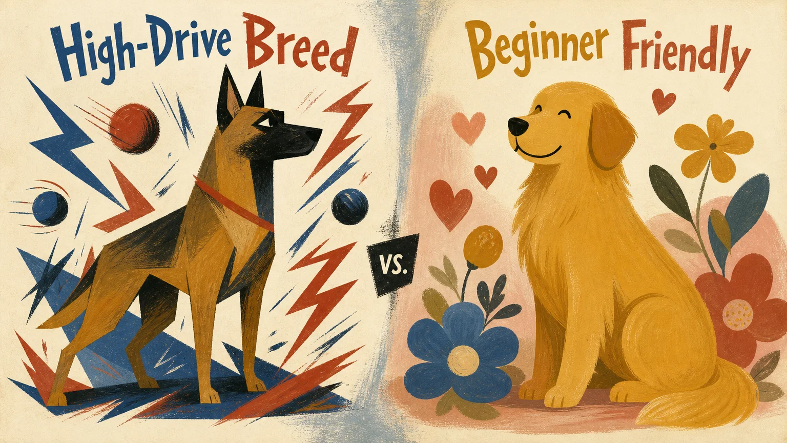A stylized gouache illustration comparing a high-energy working dog with a calm, beginner-friendly companion dog.