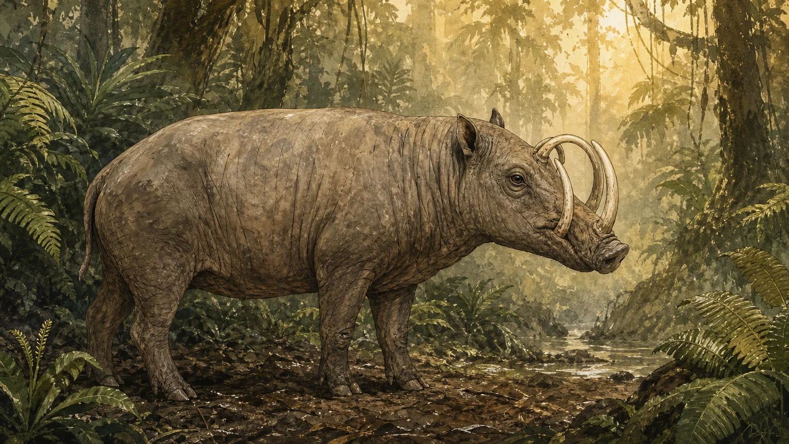 A stylized gouache illustration of a babirusa pig-deer with long, curling tusks standing in a misty Indonesian jungle.