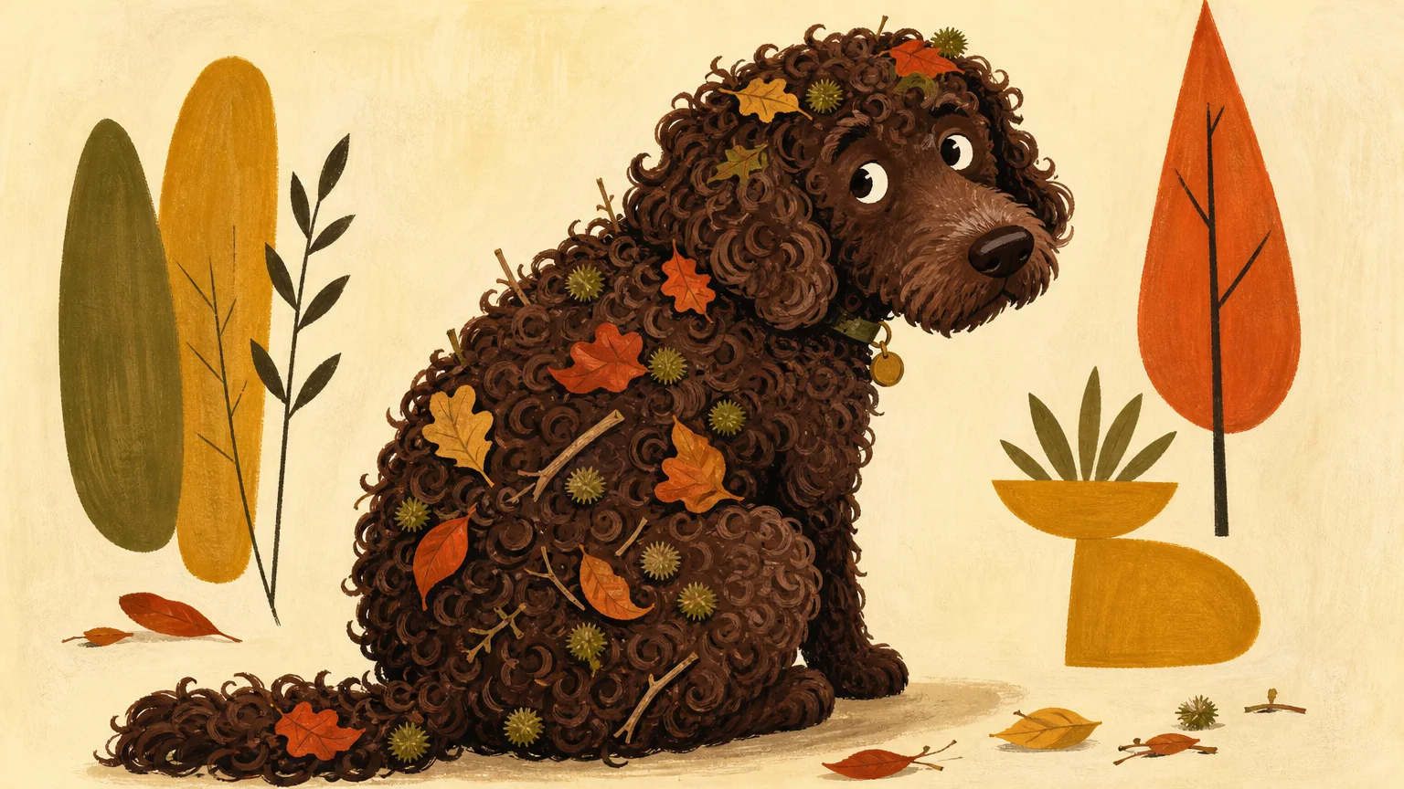 A stylized gouache illustration of a brown curly dog with leaves and twigs caught in its coat.