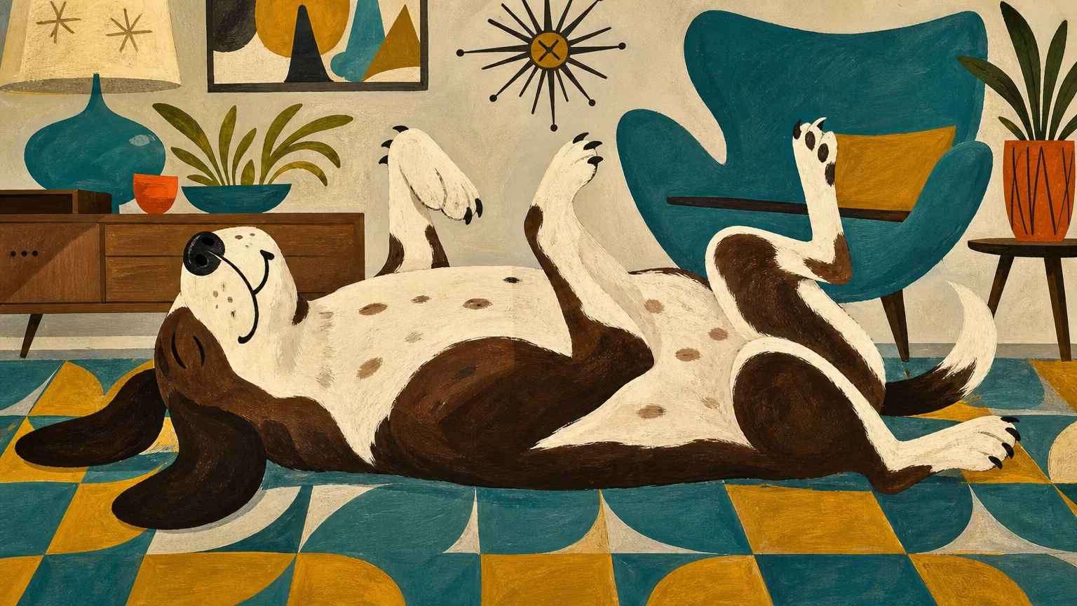 A stylized gouache illustration of a dog lying on its back with its belly up, showing total trust.