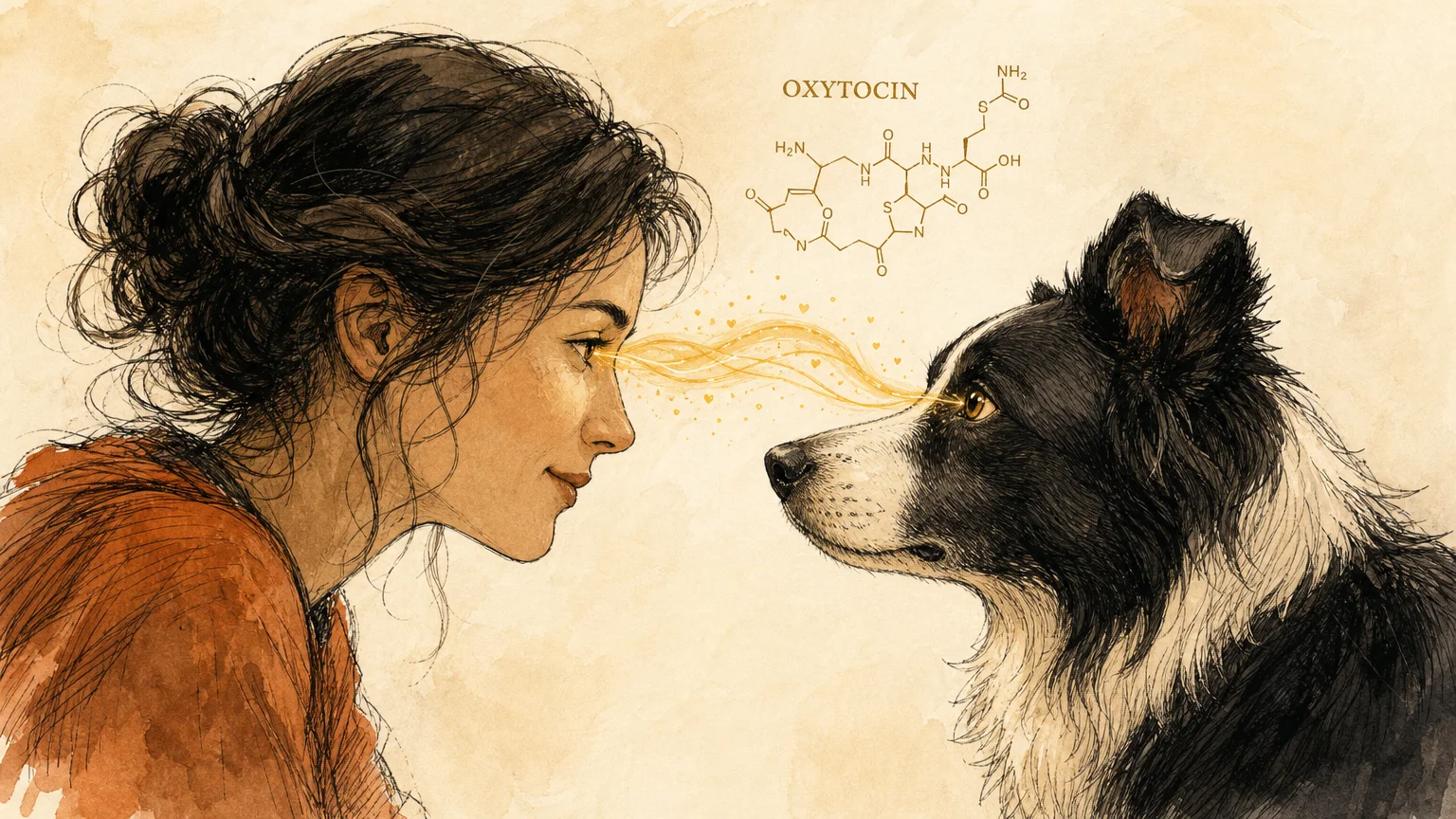 A stylized gouache illustration of a human and dog locking eyes, with a glowing golden line symbolizing their biological bond.