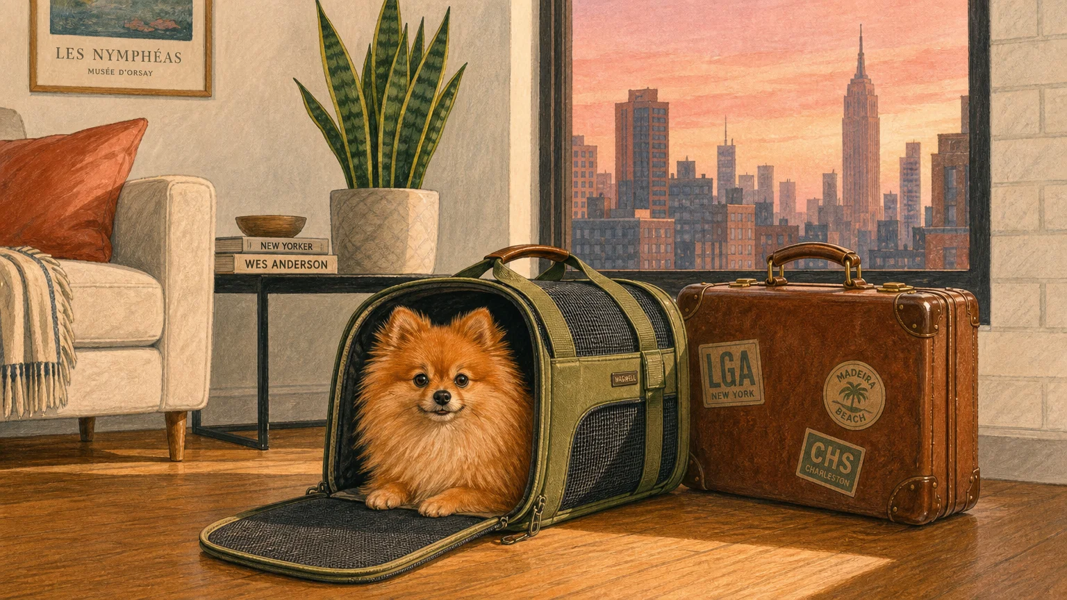 A stylized gouache illustration of a tiny orange Pomeranian sitting inside an open fabric airline carrier next to a suitcase.