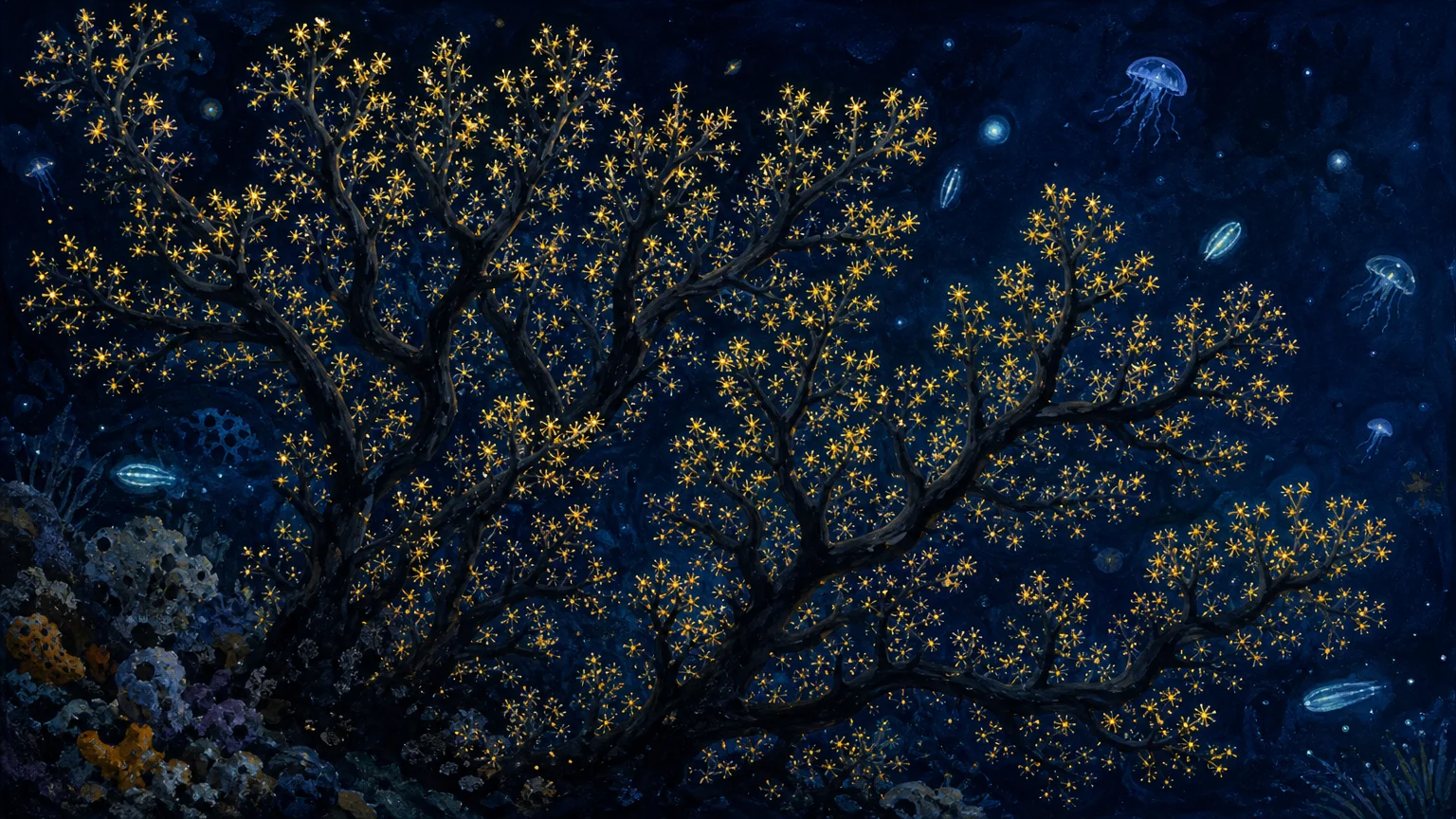 A stylized gouache painting of a tree-like black coral colony with glowing golden polyps in the deep blue ocean.