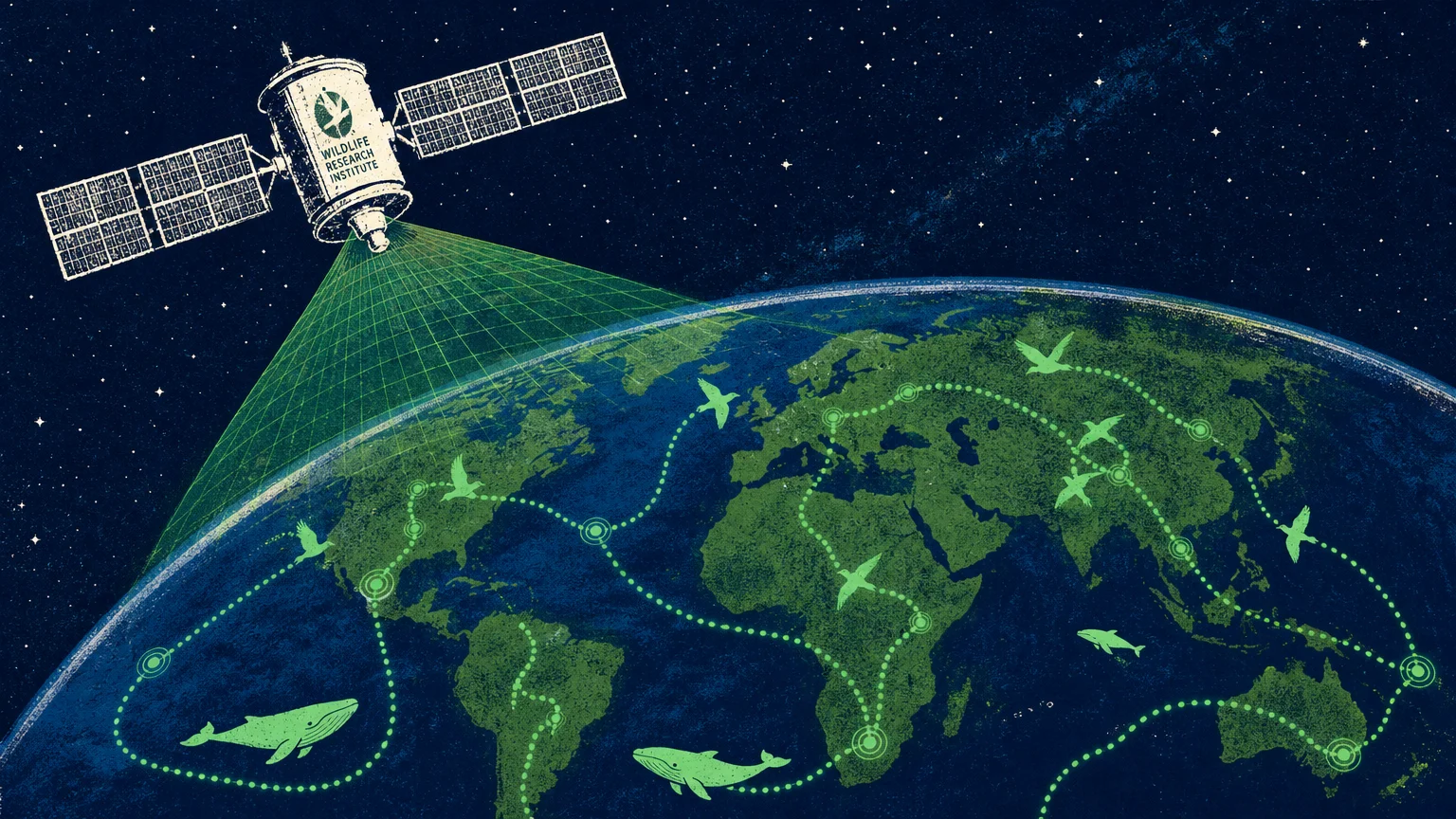 A stylized screenprint-style illustration of a research satellite tracking green migratory paths across the Earth.