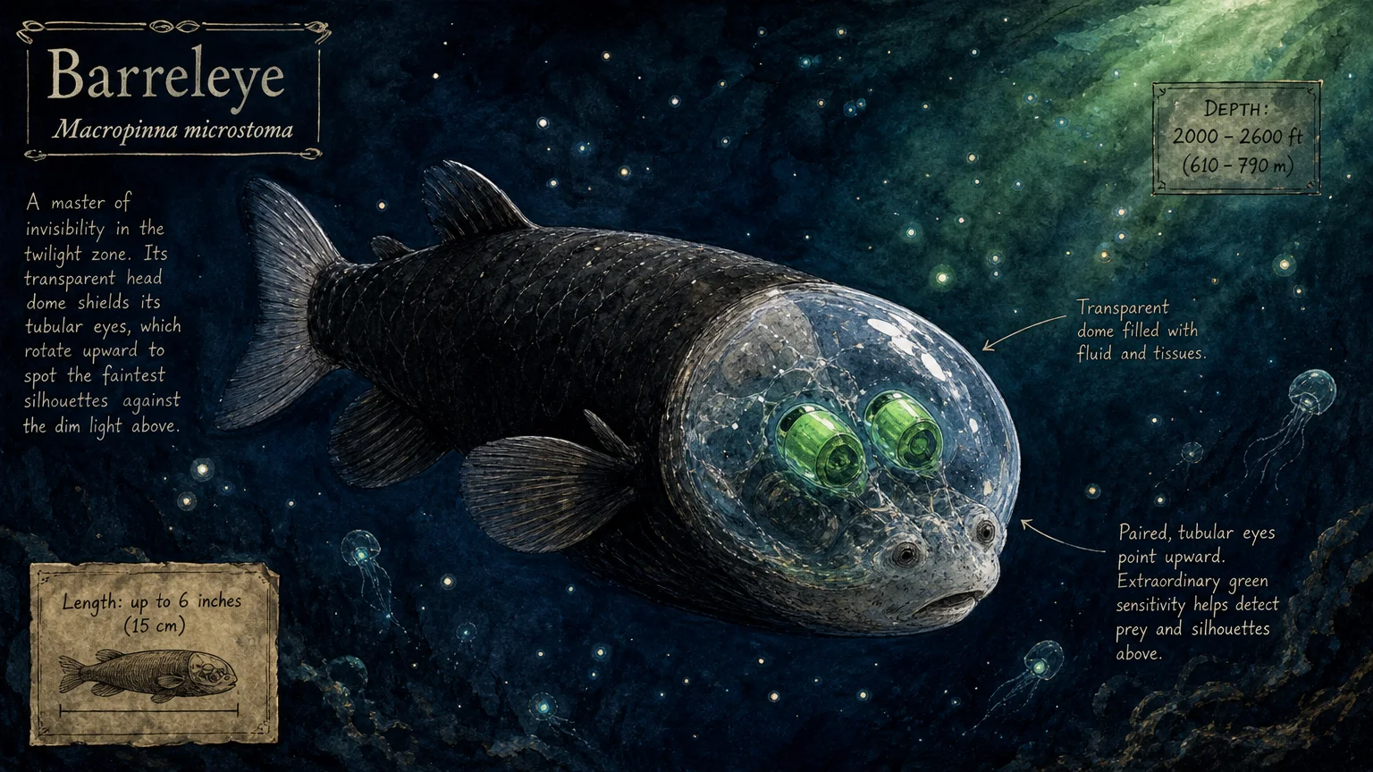A textured gouache illustration of a barreleye fish with a transparent head and glowing green eyes pointing upwards in a dark ocean.